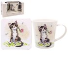 CAT WITH ROSE MUG & COASTER