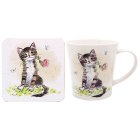 CAT WITH ROSE MUG & COASTER